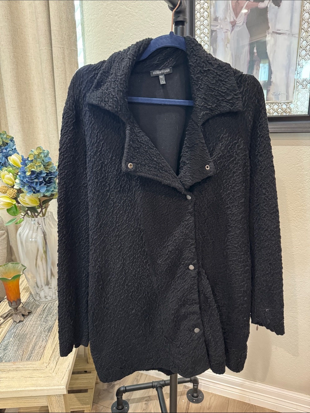 Eileen Fisher Black Textured side Snap-Front Teddy Jacket
